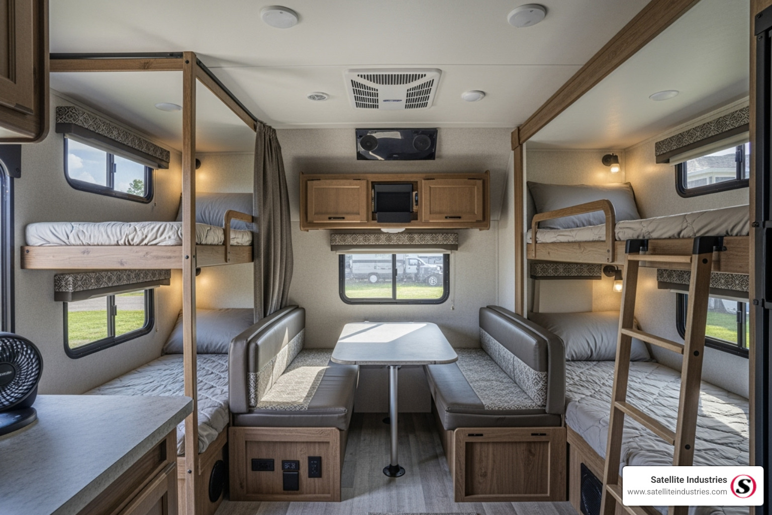 interior of a bunkhouse trailer showing multiple bunks and a common area - bunkhouse travel trailer for sale
