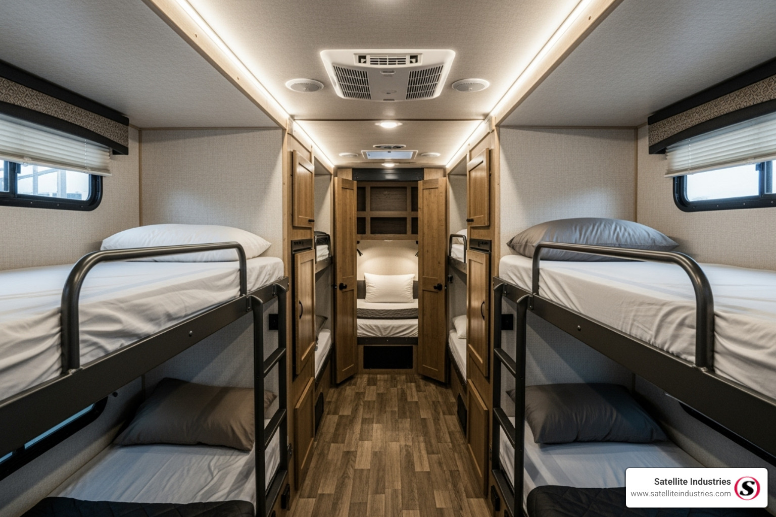 different bunk styles like double-over-double and private rooms - bunkhouse travel trailer for sale