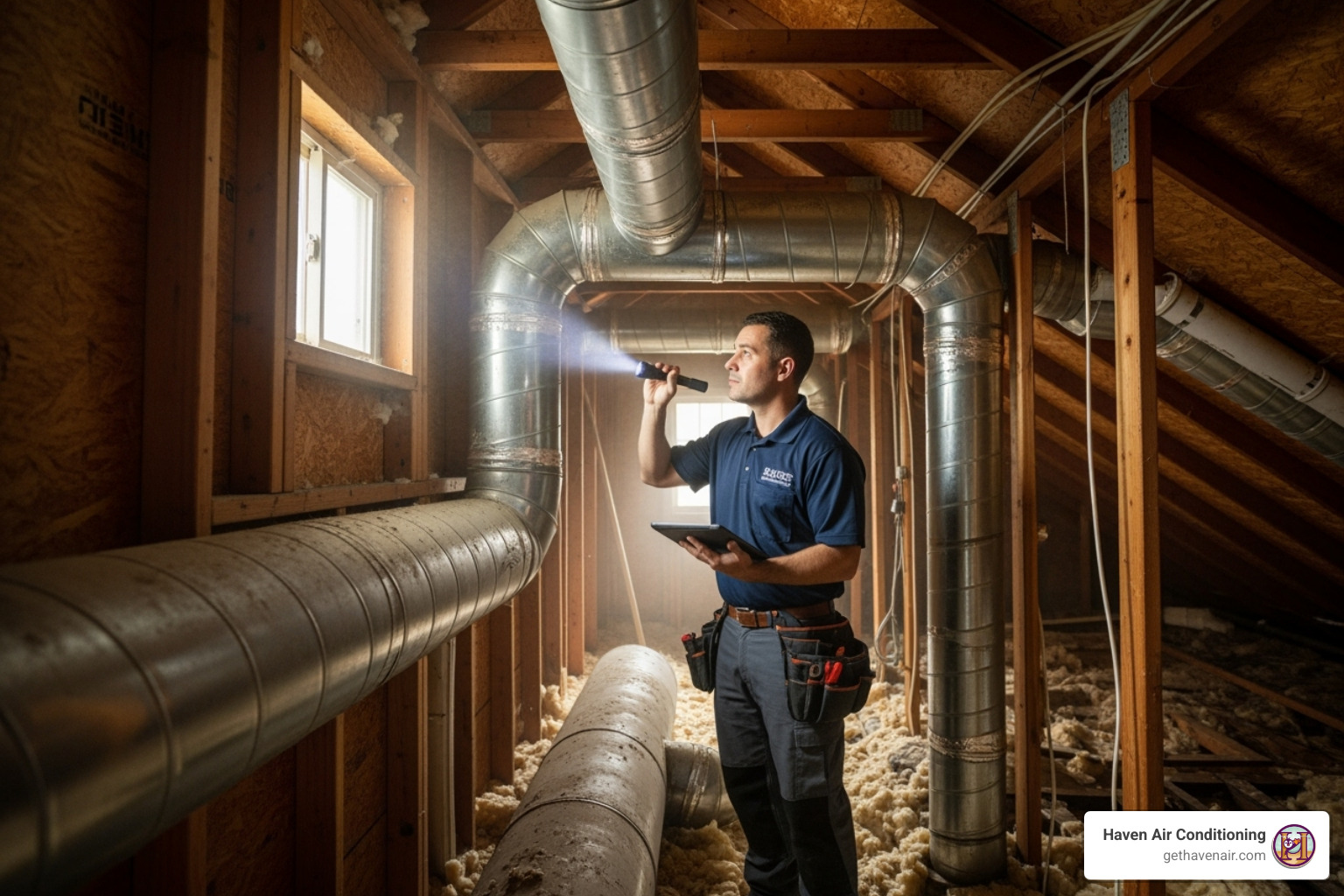 An HVAC technician inspecting ductwork. - heat pump zoning An HVAC technician inspecting ductwork. - heat pump zoning