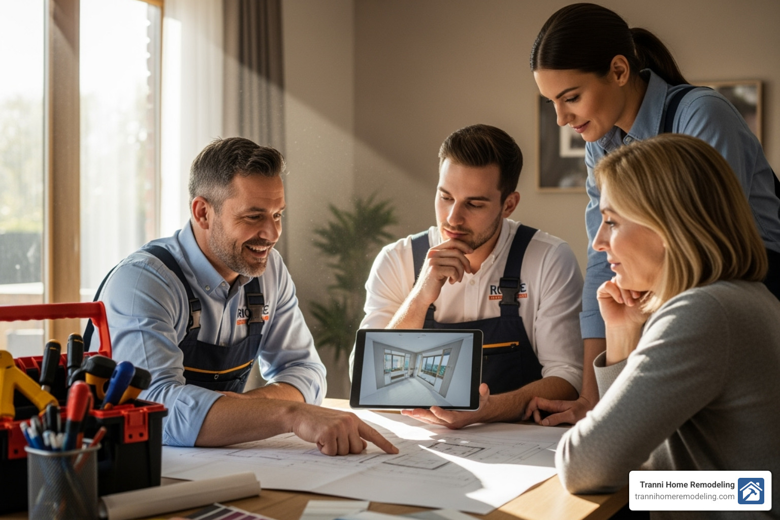 Friendly contractor team reviewing blueprints with a homeowner - Kitchen and Bath Remodeling MA Friendly contractor team reviewing blueprints with a homeowner - Kitchen and Bath Remodeling MA