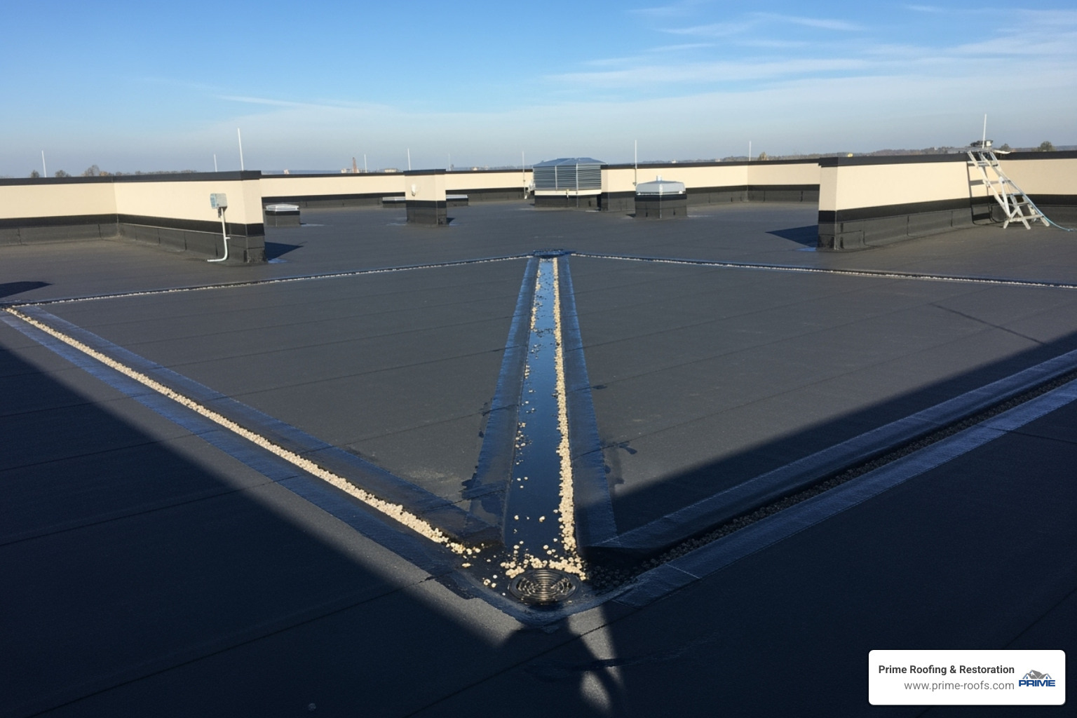 well-maintained EPDM roof with clear drainage - EPDM roof replacement