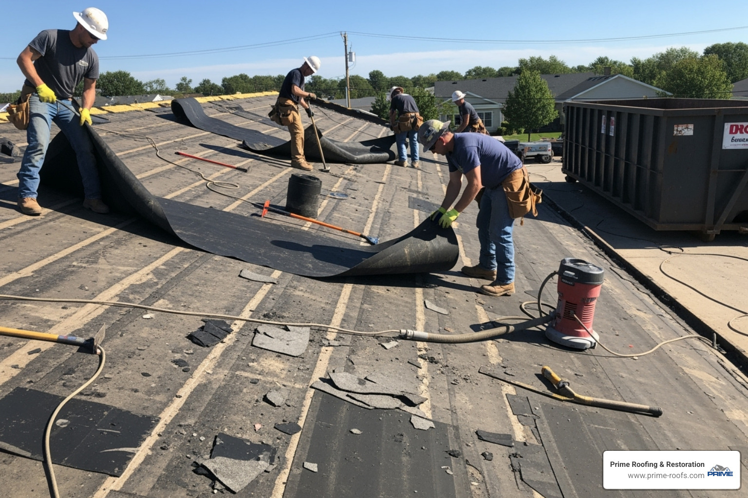 roofing crew working on an EPDM roof tear-off - EPDM roof replacement
