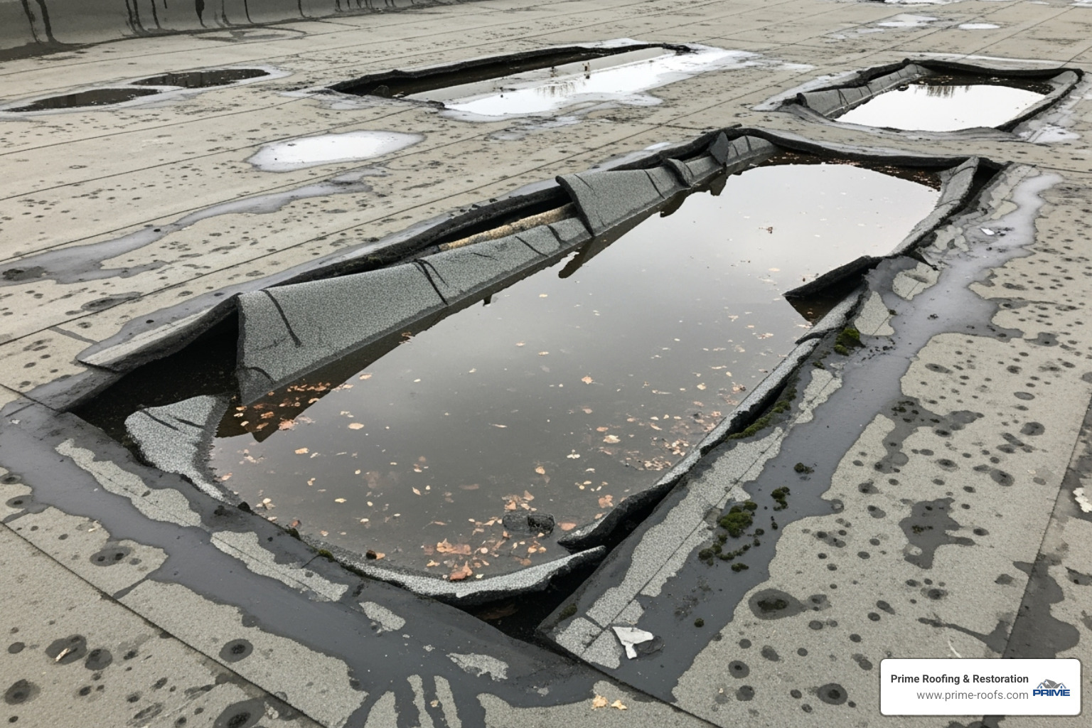 severely damaged EPDM roof with large cracks and ponding water - EPDM roof replacement