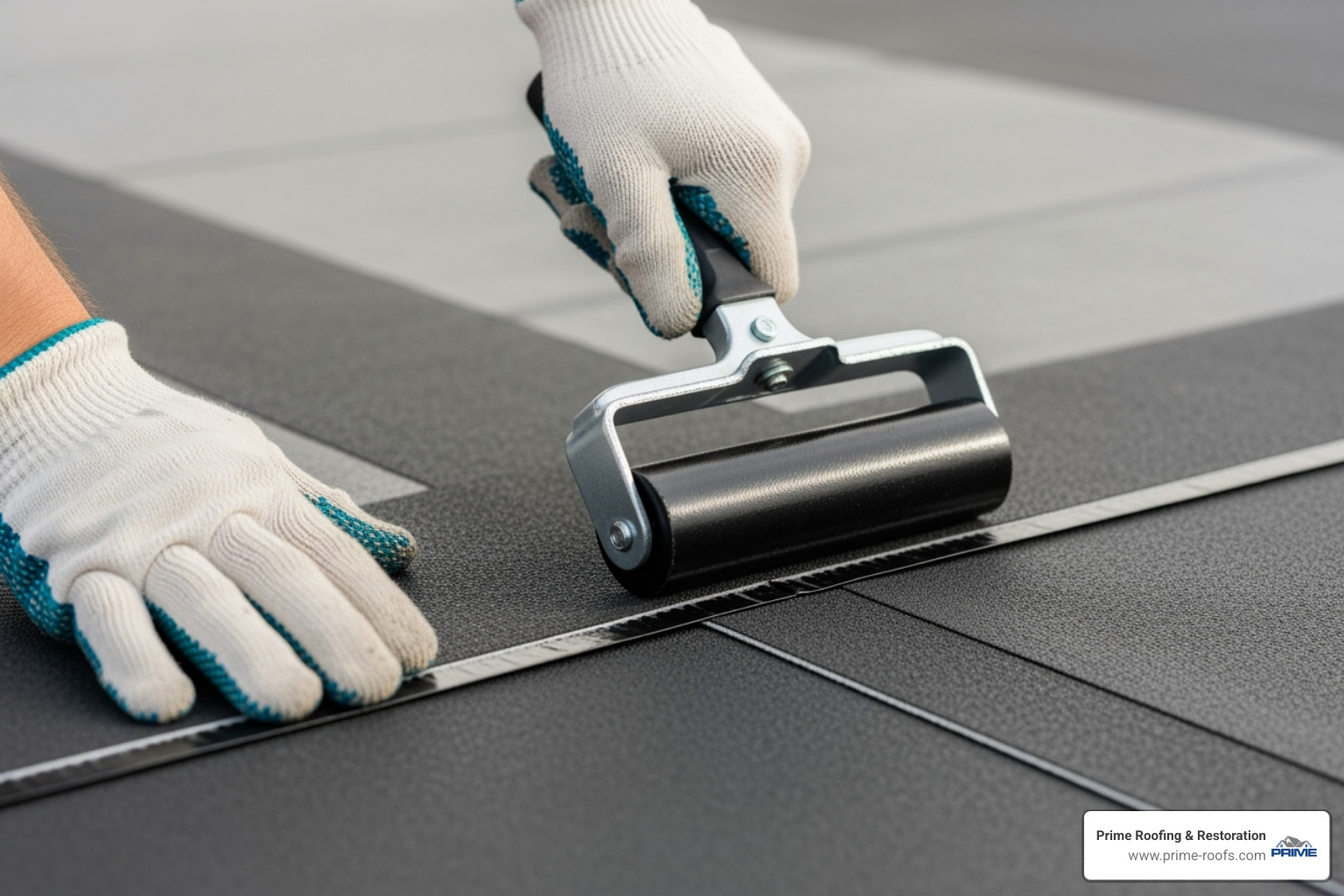 roofer using a seam roller on an EPDM seam - EPDM roof replacement