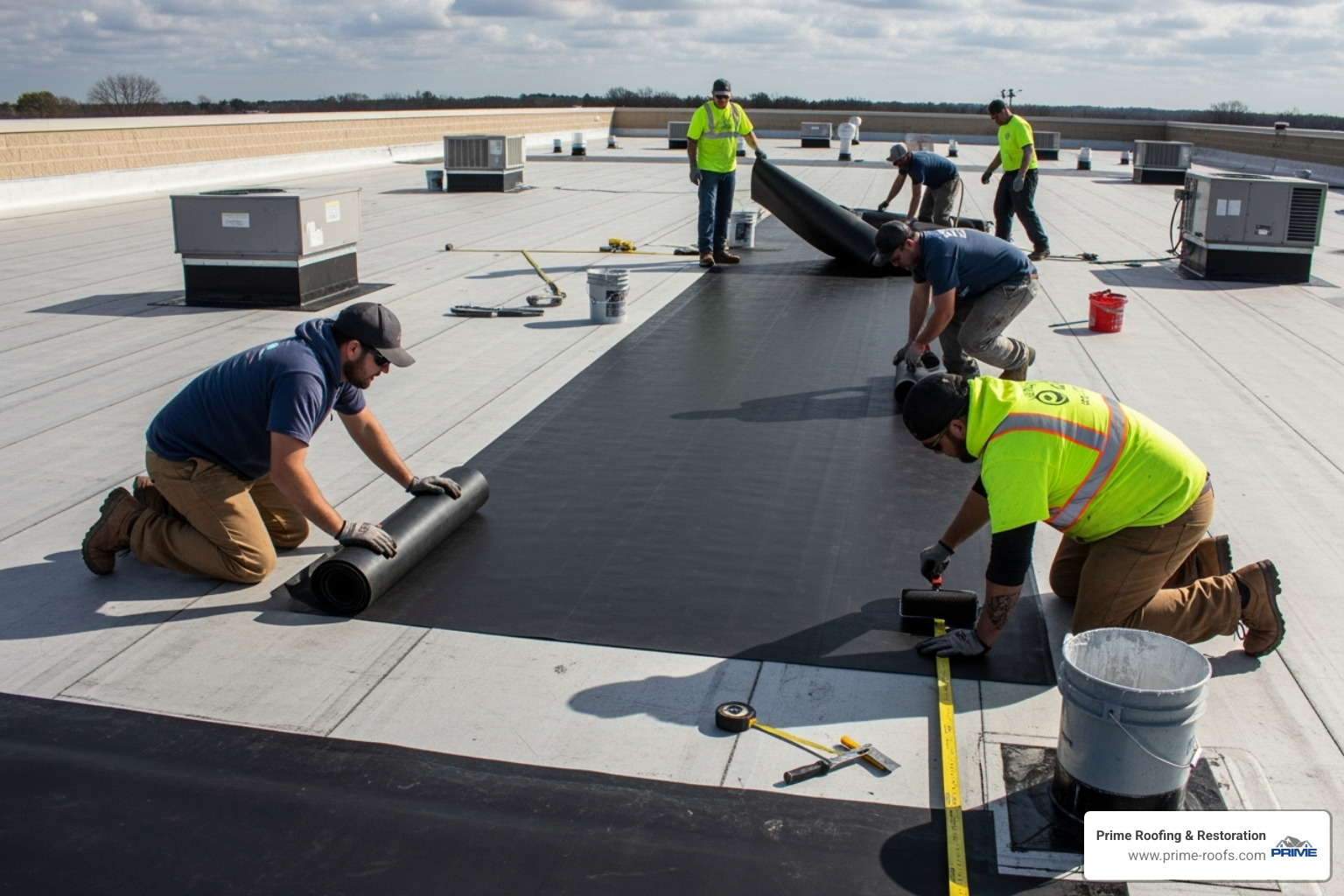 Professional roofing crew installing EPDM - epdm commercial roofing Professional roofing crew installing EPDM - epdm commercial roofing