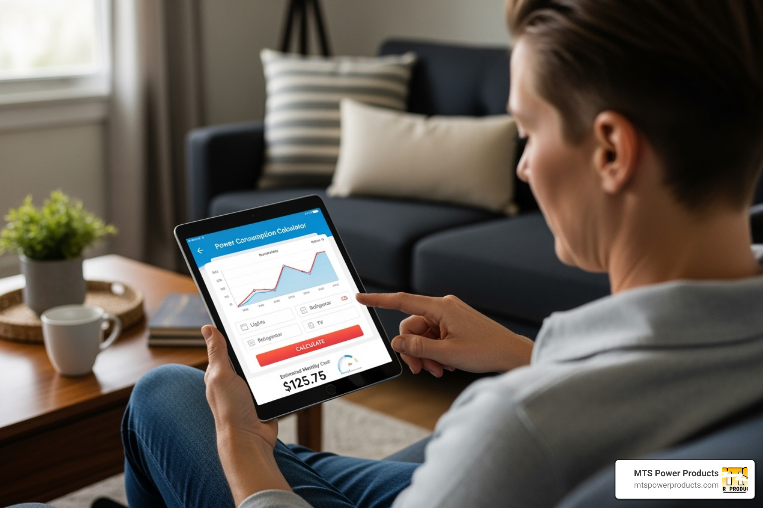 homeowner using a power calculator on a tablet - residential diesel generator