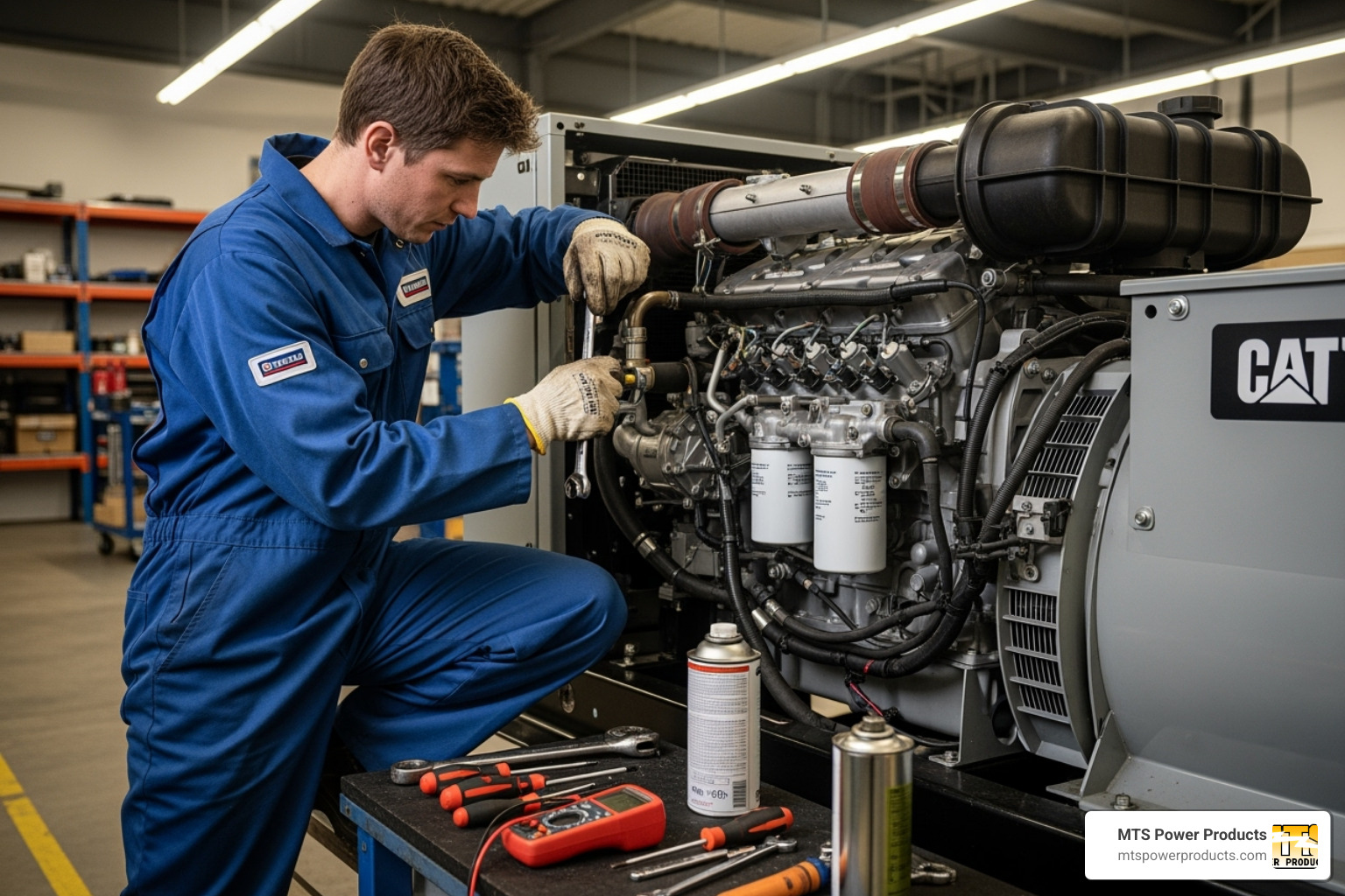 technician performing maintenance on a diesel generator - residential diesel generator