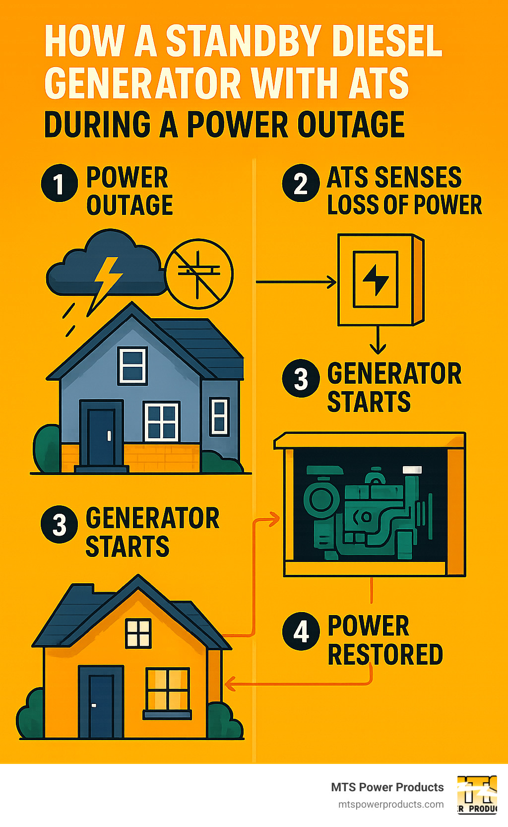 Infographic explaining how a standby diesel generator with an Automatic Transfer Switch (ATS) works during a power outage - residential diesel generator infographic 