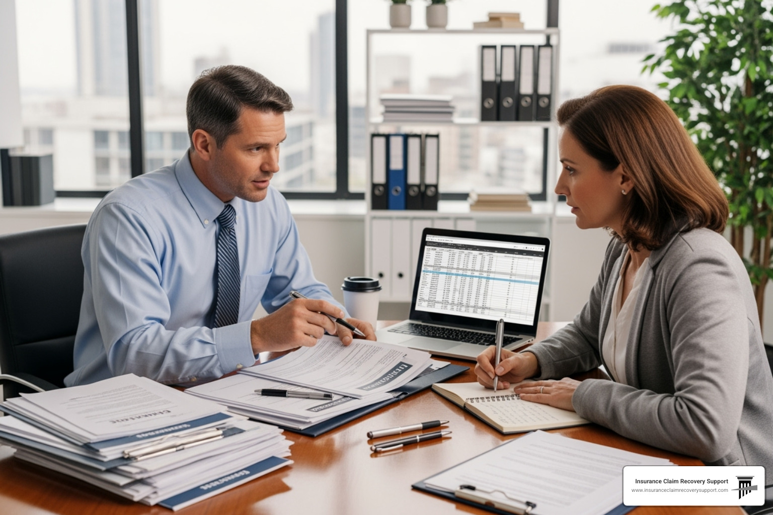 A public adjuster reviewing documents with a commercial property owner - bsuiness interruption claim