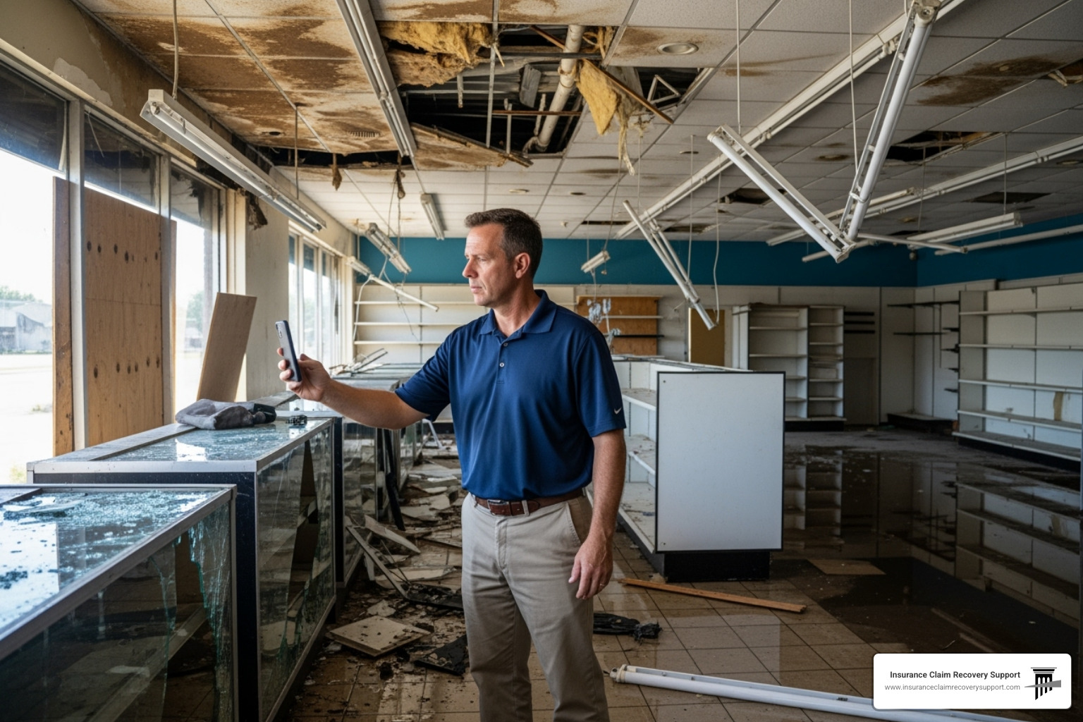 A business owner documenting damage to their property with a smartphone - bsuiness interruption claim