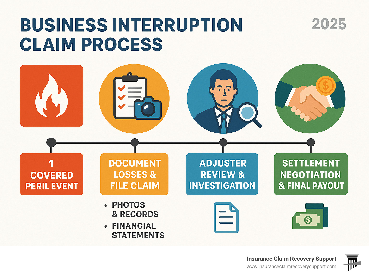 Infographic showing the business interruption claim process: from covered peril event, to documenting losses and filing claim, to adjuster review and investigation, to settlement negotiation and final payout, with timeline indicators and key documentation requirements at each step - bsuiness interruption claim infographic 