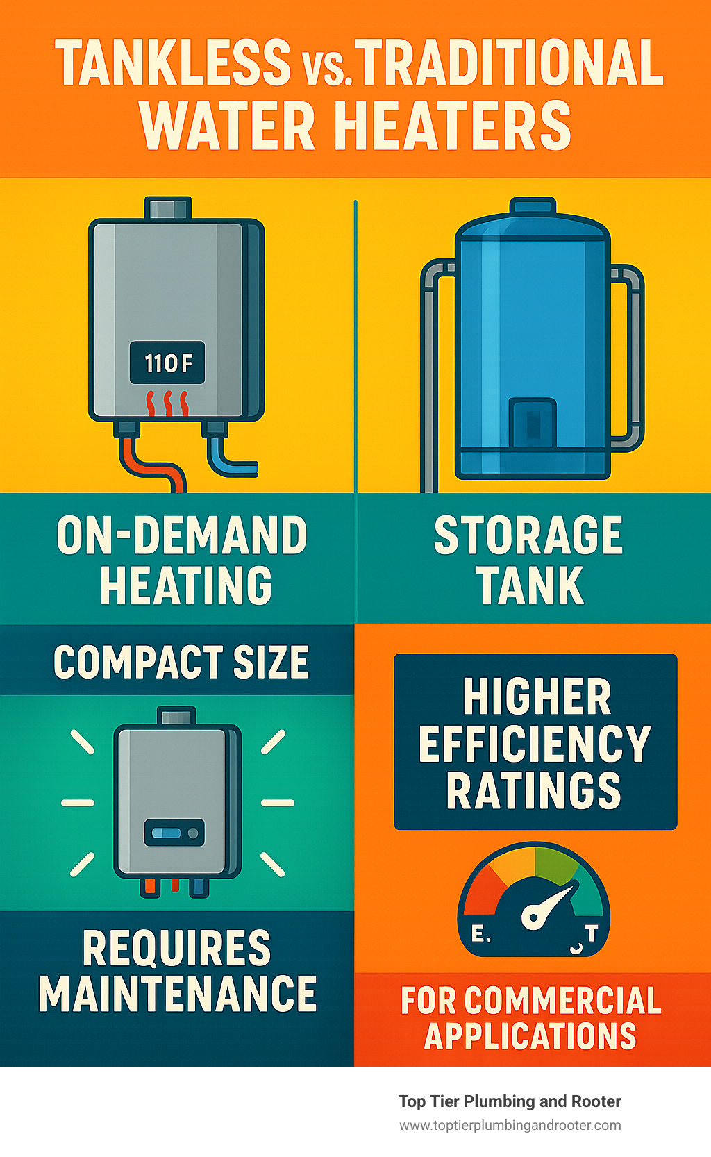 Infographic showing the difference between tankless and traditional water heaters, including on-demand heating process, compact size, higher efficiency ratings, and maintenance requirements for commercial applications - tankless water heater tune-up infographic 