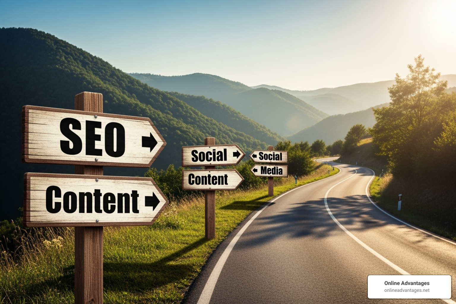 a winding road with signposts for SEO, Content, and Social Media - Digital marketing help