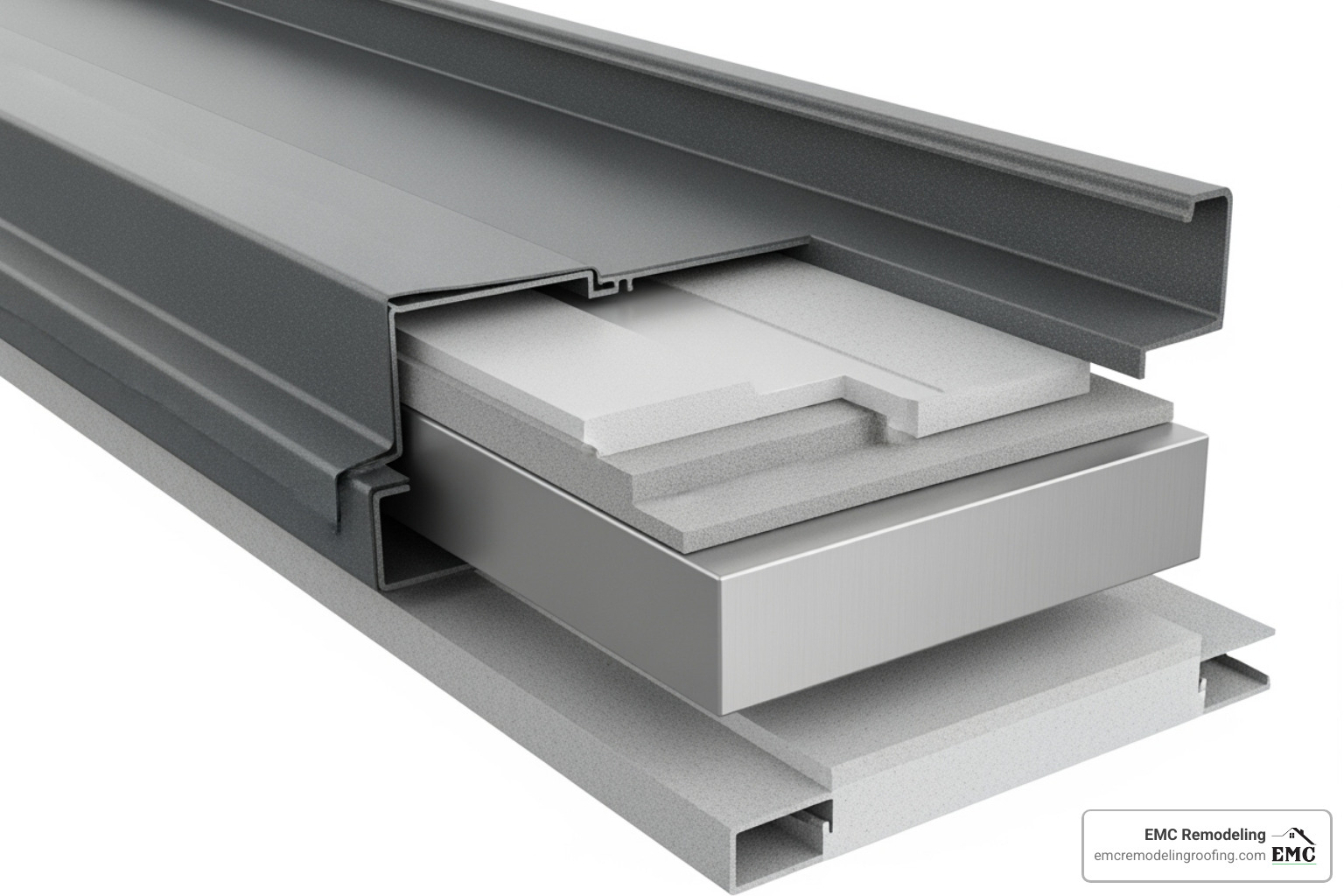 metal roof panel showing its layers and coating - metal roofers near me