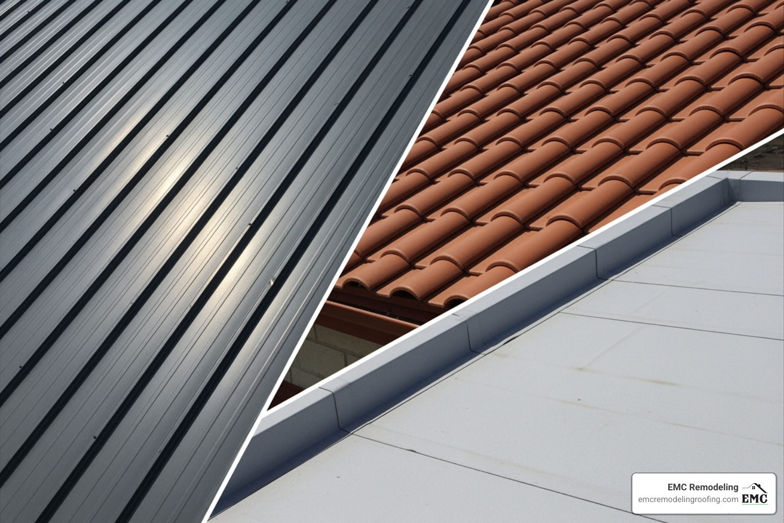 collage showcasing different roofing styles like standing seam, metal tile, and a flat TPO roof - metal roofers near me