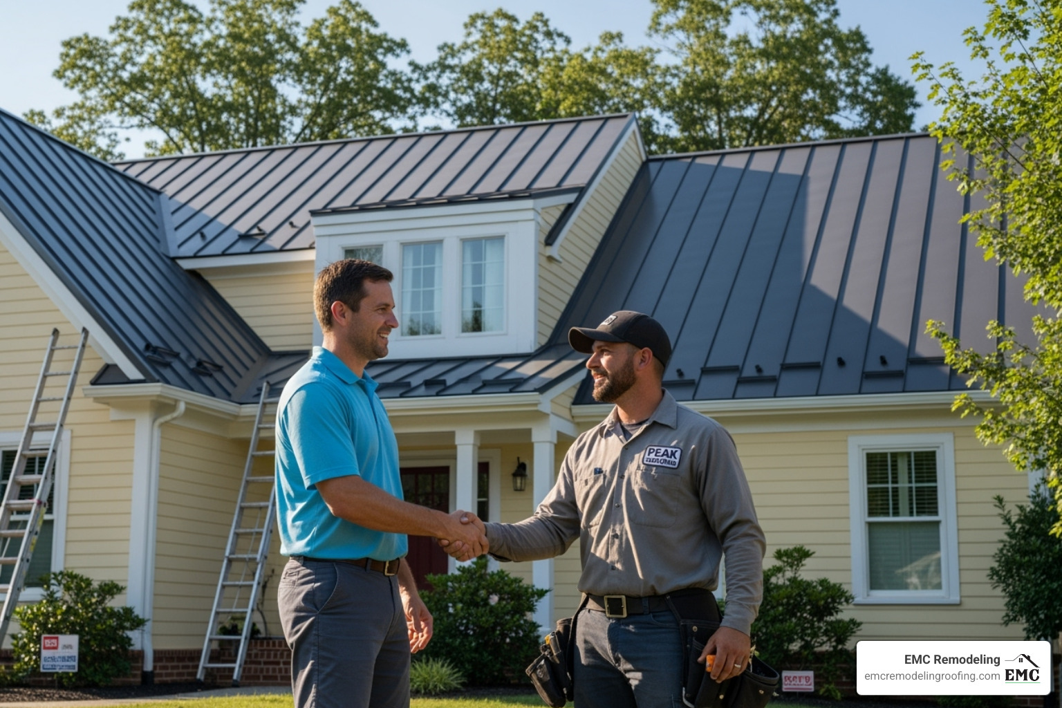 homeowner shaking hands with a roofer in front of a newly installed roof - metal roofers near me