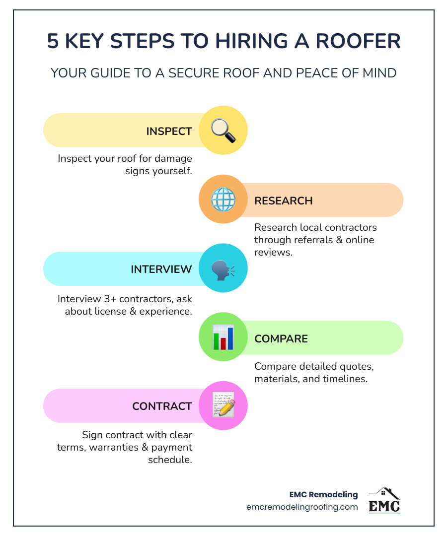 Infographic showing 5 key steps to hiring a roofer: 1. Inspect your roof for damage signs, 2. Research local contractors through referrals and online reviews, 3. Interview at least 3 contractors with specific questions about licensing and experience, 4. Compare detailed quotes including materials and timeline, 5. Contract with clear terms including warranties and payment schedule - roofers in my area infographic infographic-line-5-steps-colors