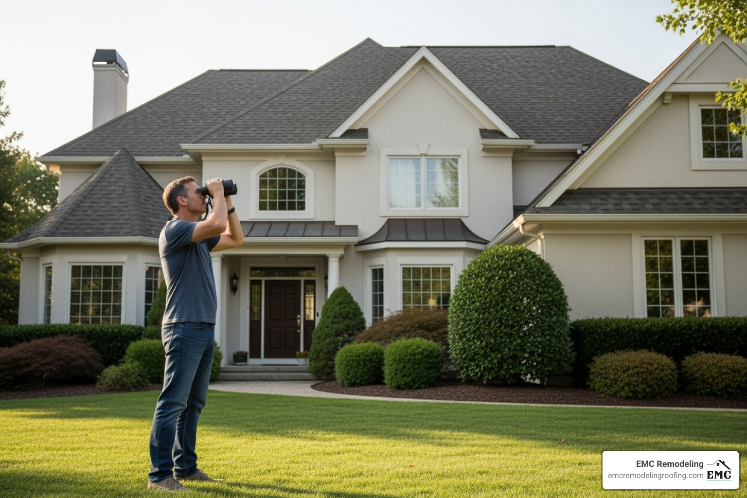 A homeowner inspecting their roof from the ground with binoculars - roofers in my area