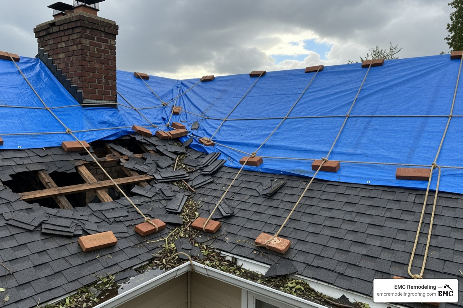 A roof with a temporary tarp after a storm - roofers in my area