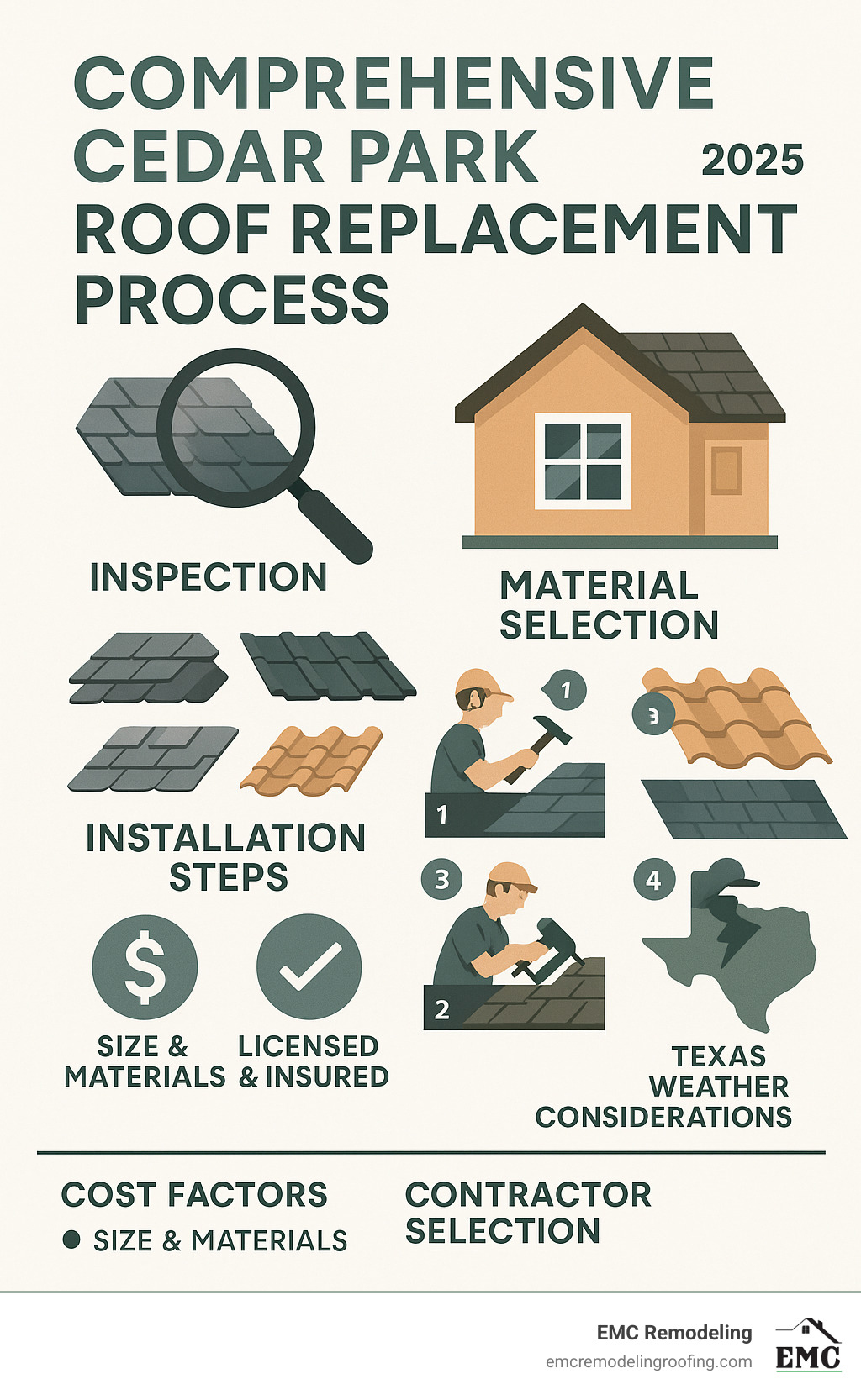 Comprehensive Cedar Park roof replacement process showing inspection, material selection, installation steps, cost factors, and contractor selection criteria with Texas weather considerations - Cedar Park roof replacement infographic 
