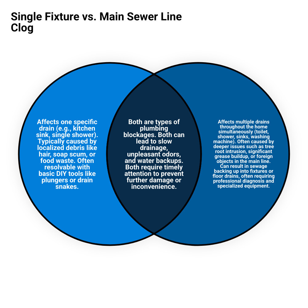 Infographic showing the difference between a single fixture clog affecting one drain versus a main sewer line clog affecting multiple fixtures throughout the home, with arrows indicating water flow and backup patterns - Sewer line unclog infographic venn_diagram Infographic showing the difference between a single fixture clog affecting one drain versus a main sewer line clog affecting multiple fixtures throughout the home, with arrows indicating water flow and backup patterns - Sewer line unclog infographic venn_diagram