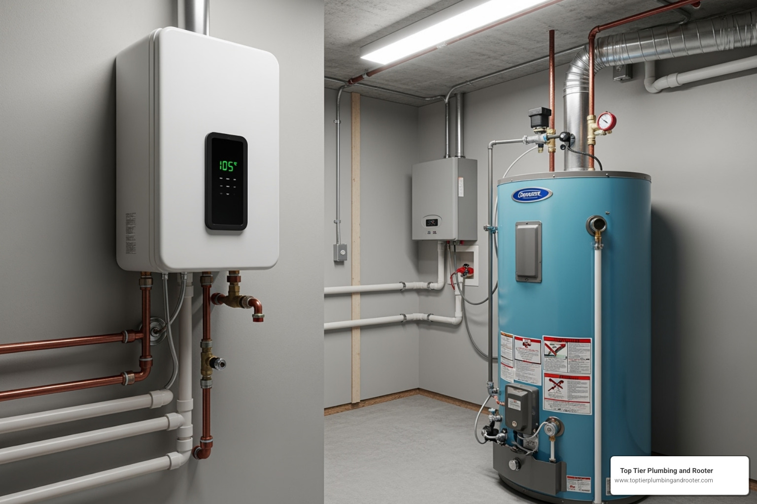 tankless water heater mounted on a wall next to a traditional tank model - broken water heater fix tankless water heater mounted on a wall next to a traditional tank model - broken water heater fix