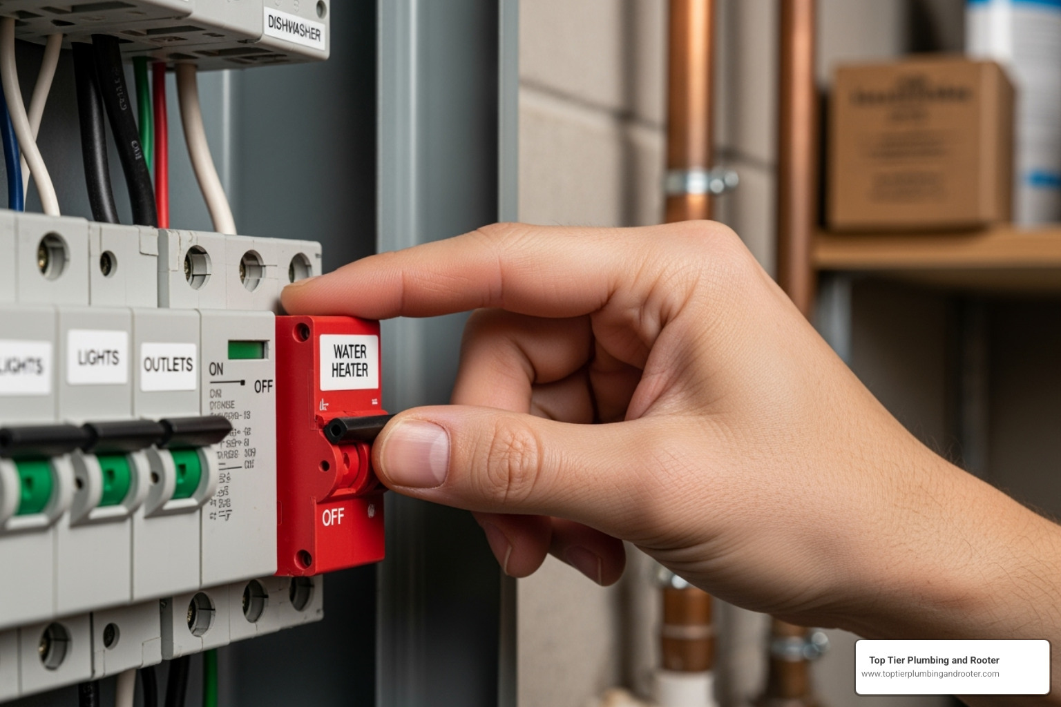 homeowner safely turning off a circuit breaker labeled "Water Heater" - broken water heater fix homeowner safely turning off a circuit breaker labeled "Water Heater" - broken water heater fix