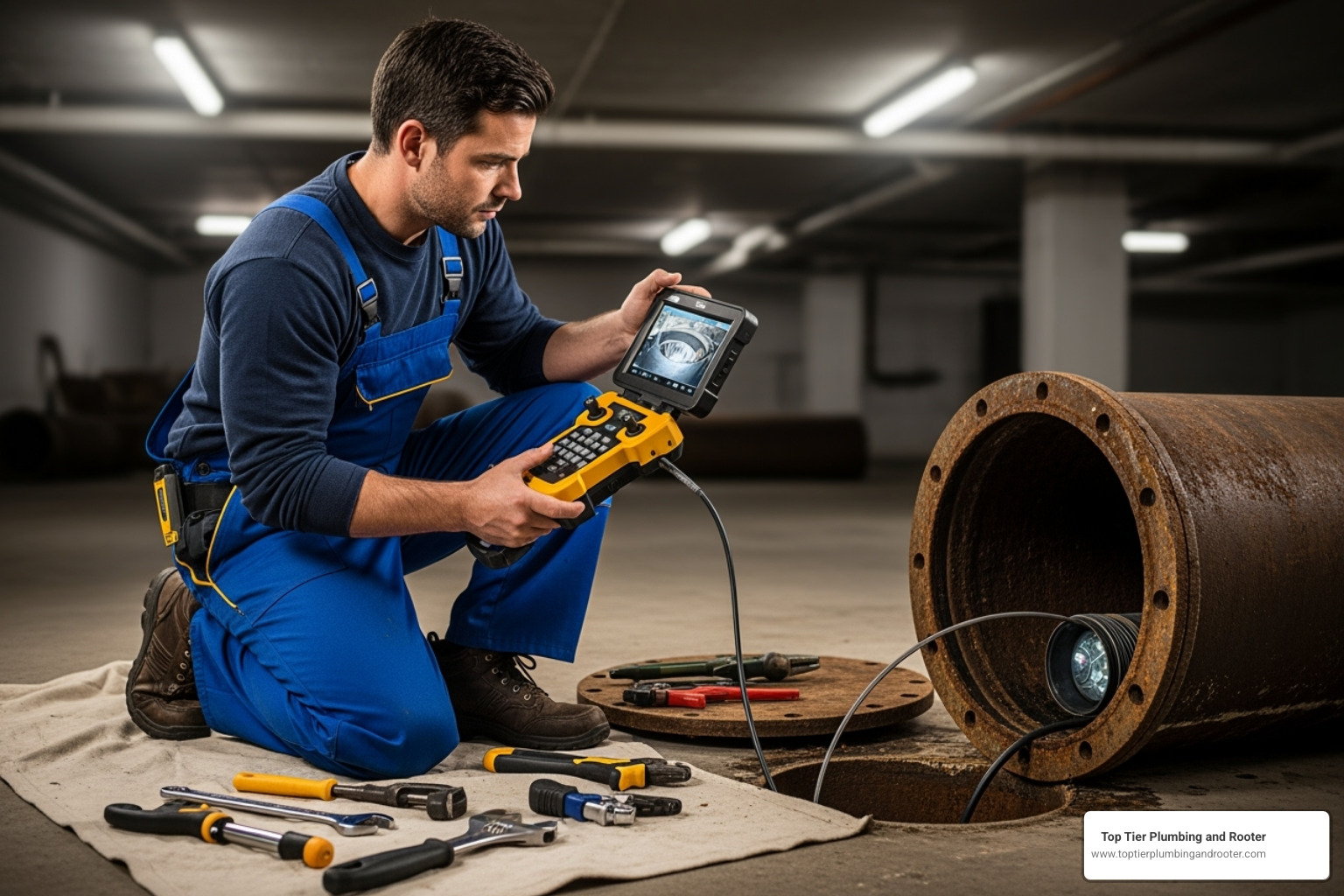 image of a professional plumber using a video inspection camera inside a pipe - Sewer line unclog image of a professional plumber using a video inspection camera inside a pipe - Sewer line unclog
