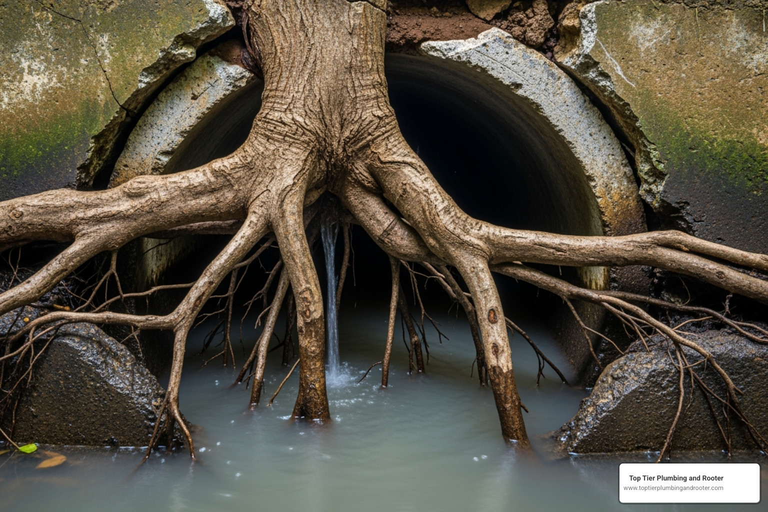 image of tree roots growing into a sewer pipe - Sewer line unclog image of tree roots growing into a sewer pipe - Sewer line unclog
