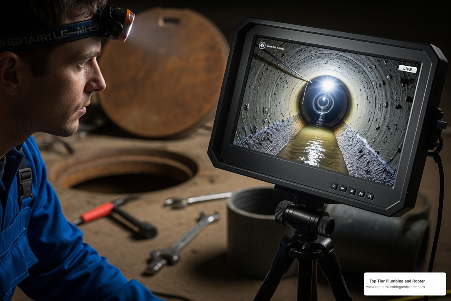 technician viewing a sewer camera feed on a monitor - drain services Riverside County technician viewing a sewer camera feed on a monitor - drain services Riverside County
