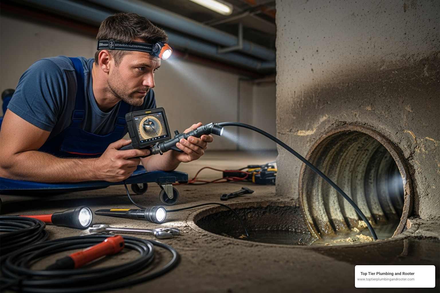 plumber using a video inspection camera - Sewer pipe blockage