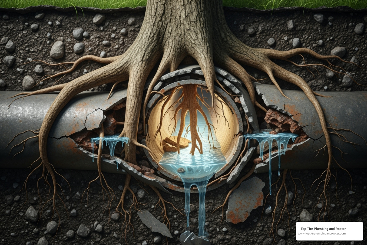 tree roots breaking through a sewer pipe - Sewer pipe blockage