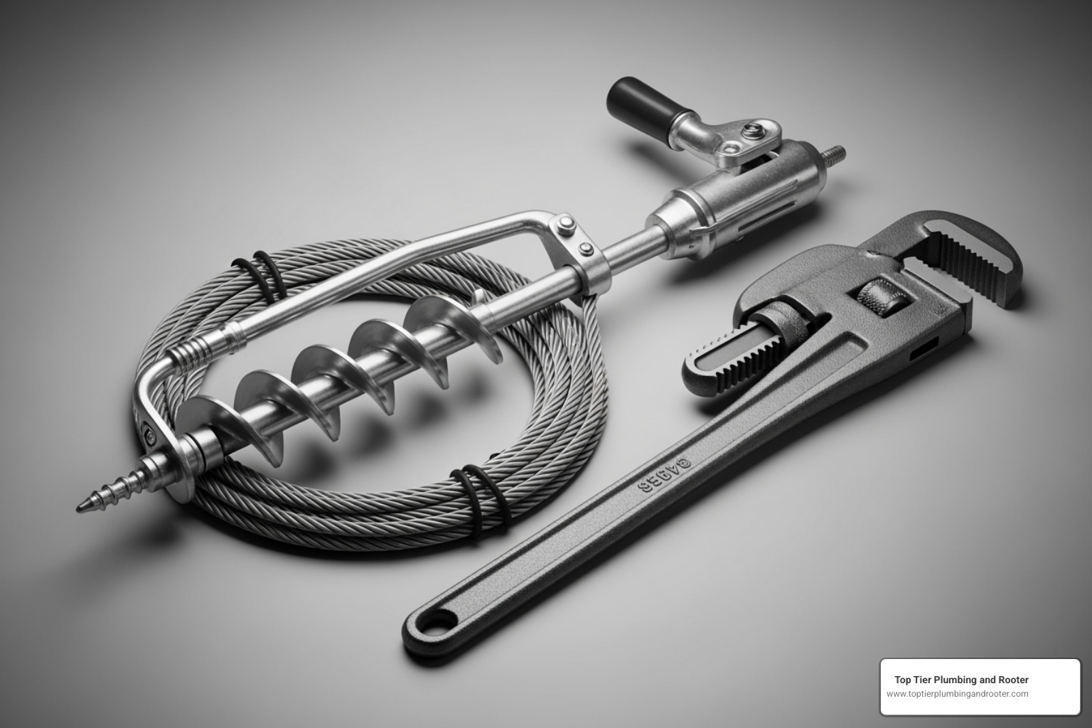 image of a plumbing auger (sewer snake) and a pipe wrench - Sewer line unclog image of a plumbing auger (sewer snake) and a pipe wrench - Sewer line unclog
