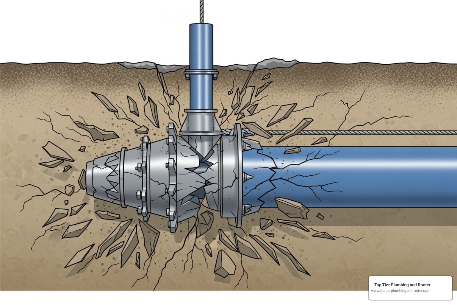 A diagram showing a bursting head breaking an old pipe while pulling a new one through the same path - trenchless sewer replacement San Bernardino County