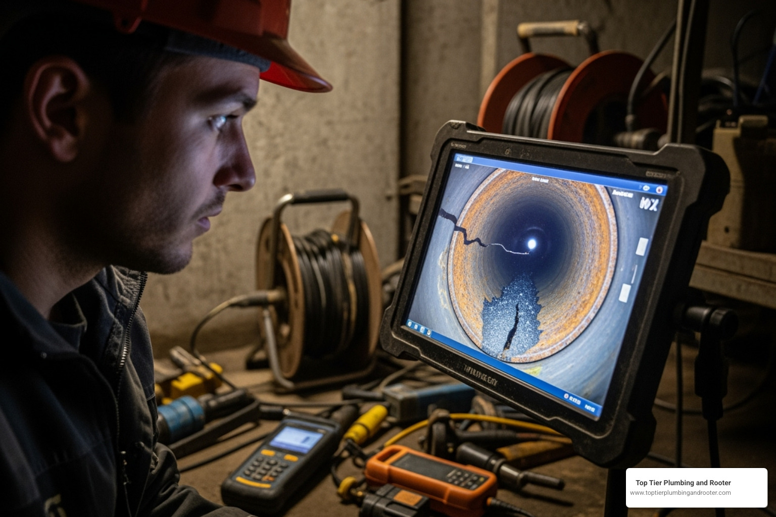 A technician viewing a sewer camera monitor, showing a clear image of the inside of a pipe - trenchless sewer replacement San Bernardino County