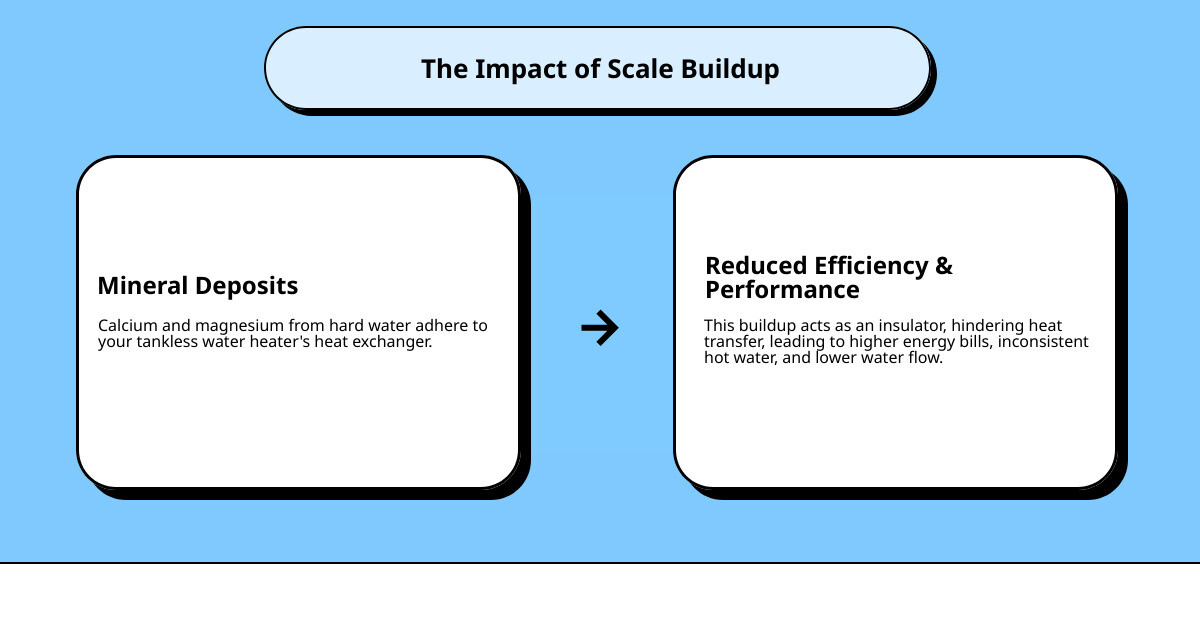 Step-by-step infographic showing how mineral scale deposits build up on heat exchanger coils, reducing water flow and heat transfer efficiency, with arrows indicating decreased performance over time - tankless water heater descaling infographic cause_effect_text