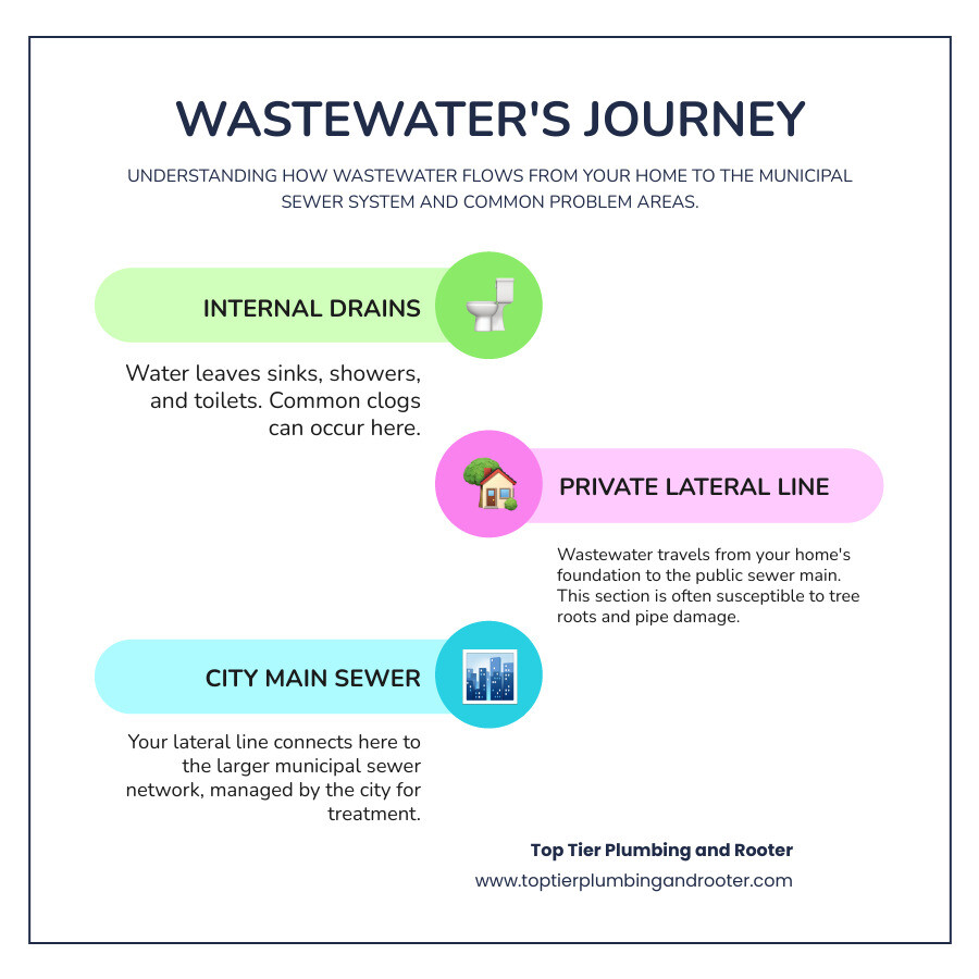 Detailed infographic showing the path of wastewater from home drains through the lateral sewer line to the city main sewer system, with common problem areas marked including tree root intrusion points and typical pipe damage locations - Sewer drain repair Riverside infographic infographic-line-3-steps-colors Detailed infographic showing the path of wastewater from home drains through the lateral sewer line to the city main sewer system, with common problem areas marked including tree root intrusion points and typical pipe damage locations - Sewer drain repair Riverside infographic infographic-line-3-steps-colors