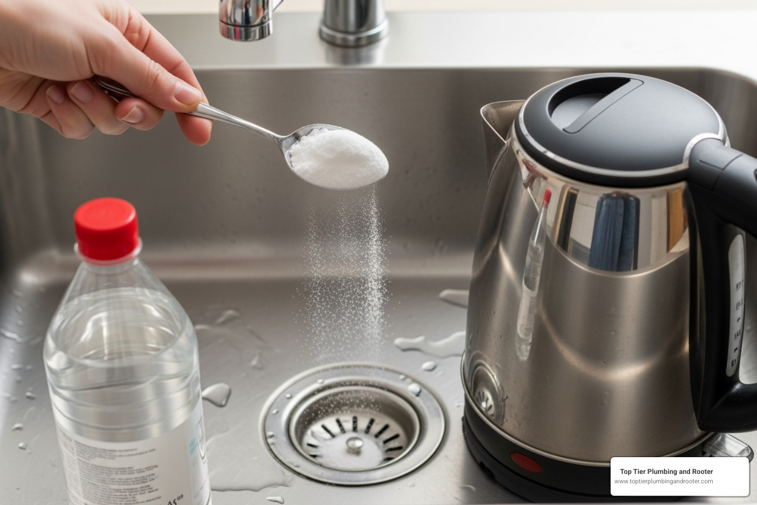 adding spoon of baking soda and hot water and vinegar to clean kitchen sink - Blocked kitchen sink adding spoon of baking soda and hot water and vinegar to clean kitchen sink - Blocked kitchen sink