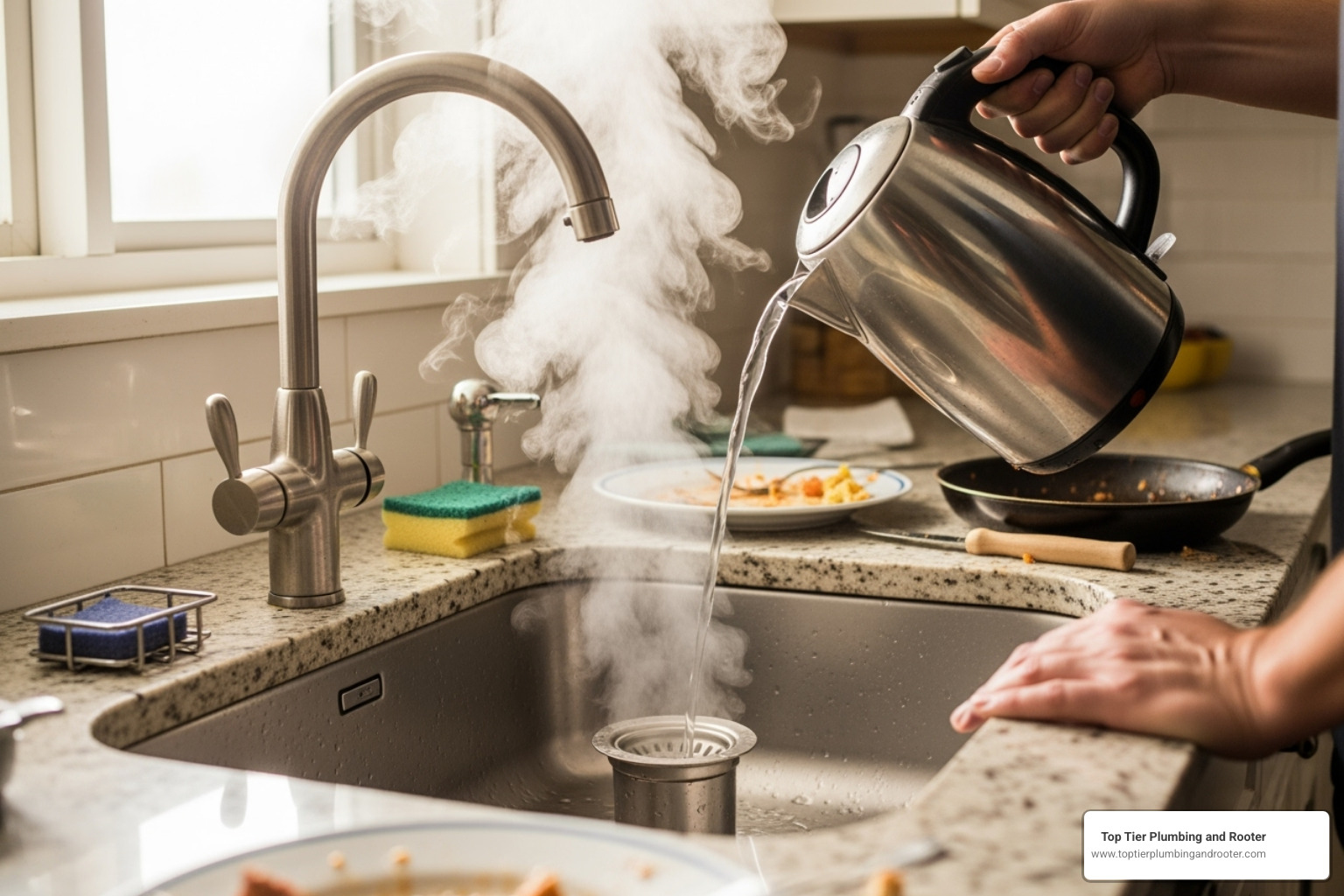 pouring boiling water to unclog a kitchen sink - Blocked kitchen sink pouring boiling water to unclog a kitchen sink - Blocked kitchen sink