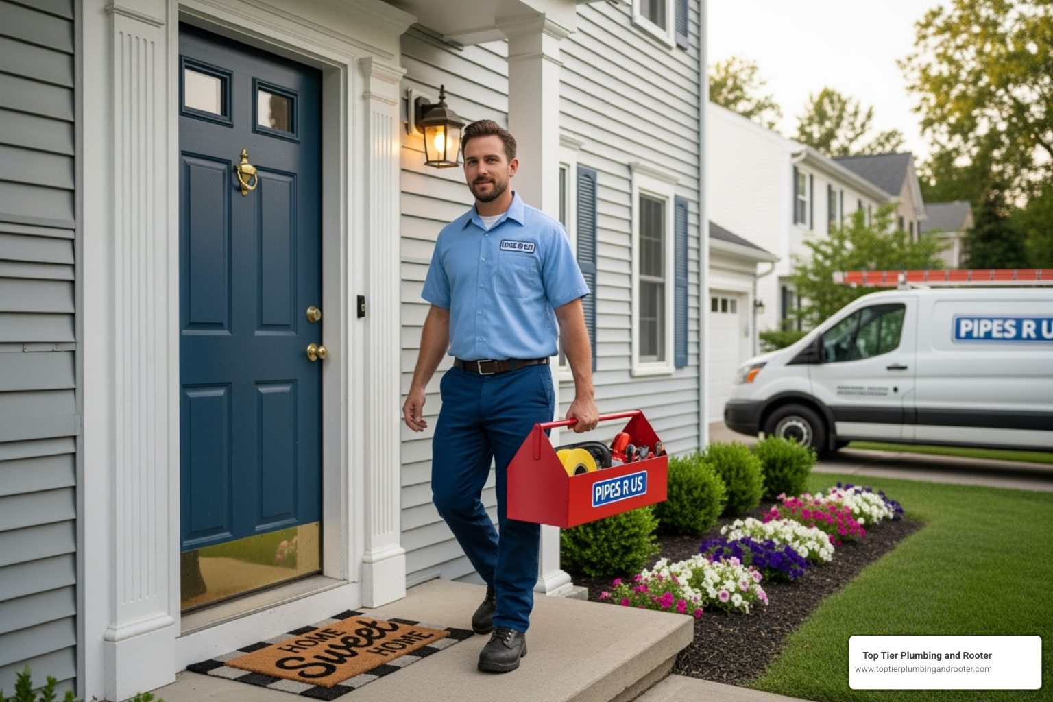 A professional plumber arriving at a residential front door with a toolbox - Clogged toilet repair Riverside A professional plumber arriving at a residential front door with a toolbox - Clogged toilet repair Riverside