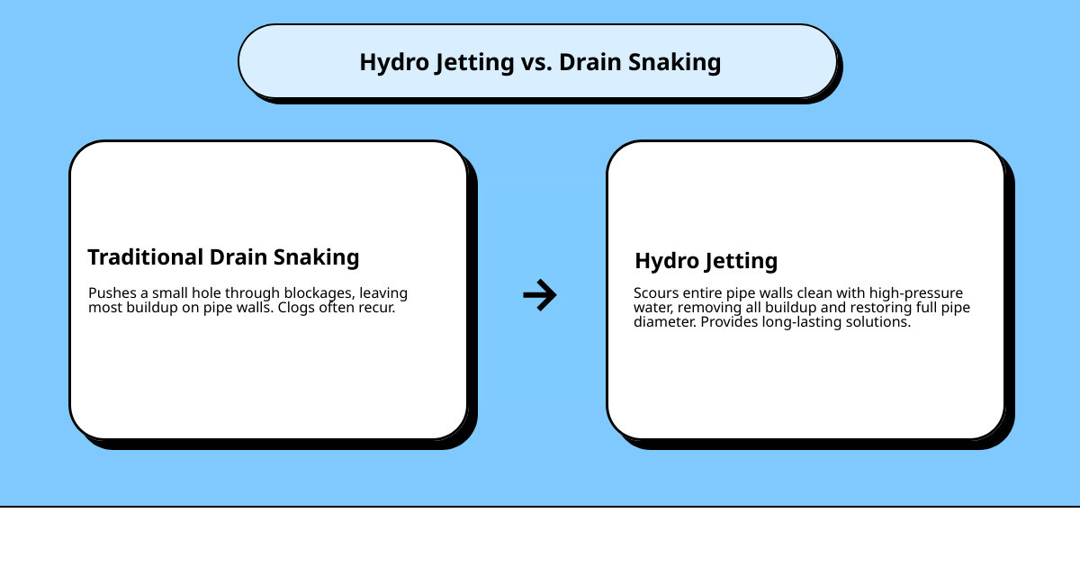 Detailed infographic comparing hydro jetting process versus traditional drain snaking, showing high-pressure water streams cleaning pipe walls completely versus a snake that only creates a small hole through blockages, with cross-section views of pipes before and after each treatment method - hydrojetting Riverside CA infographic cause_effect_text
