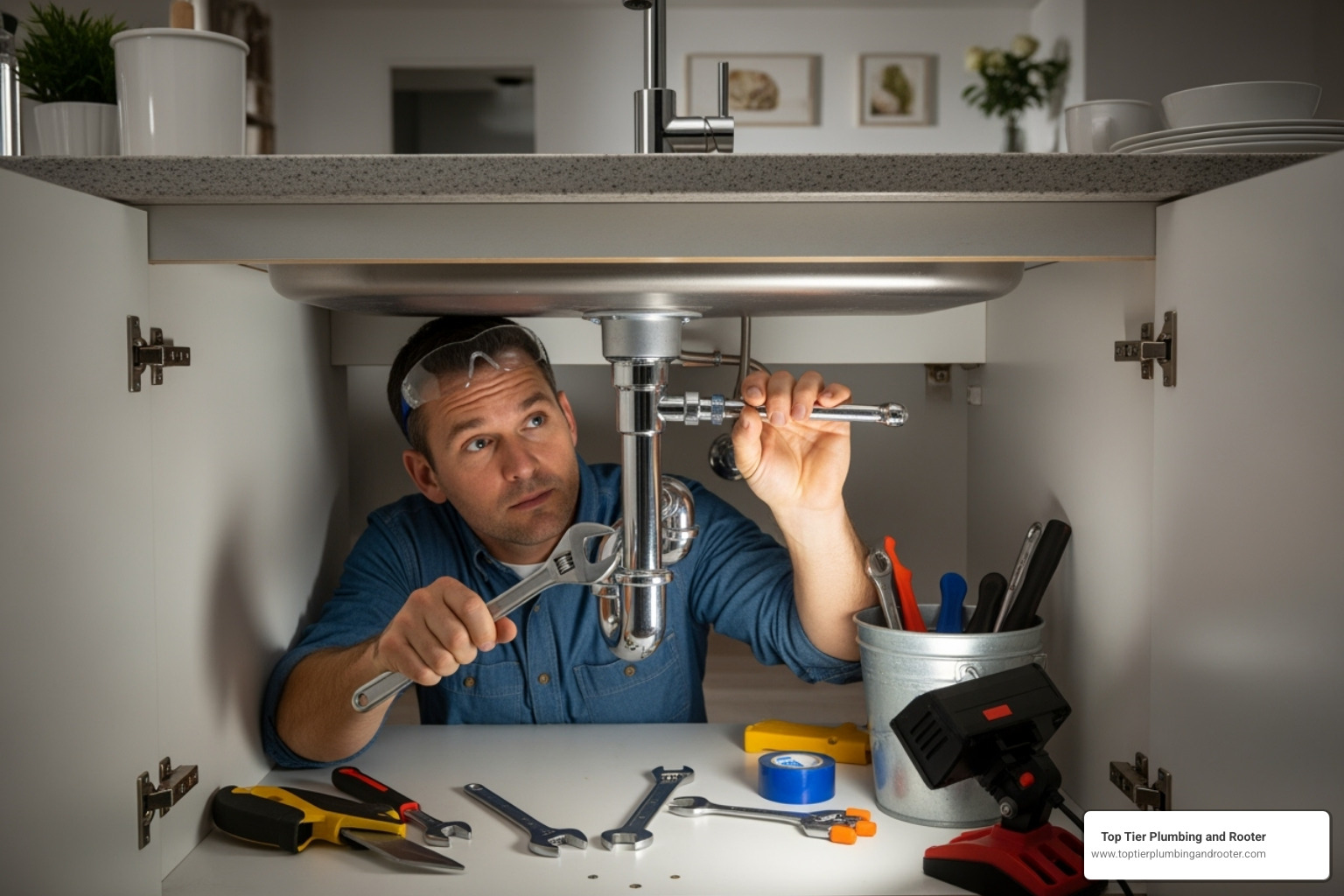 male plumber fixing kitchen sink underneath sinktop - Blocked kitchen sink male plumber fixing kitchen sink underneath sinktop - Blocked kitchen sink