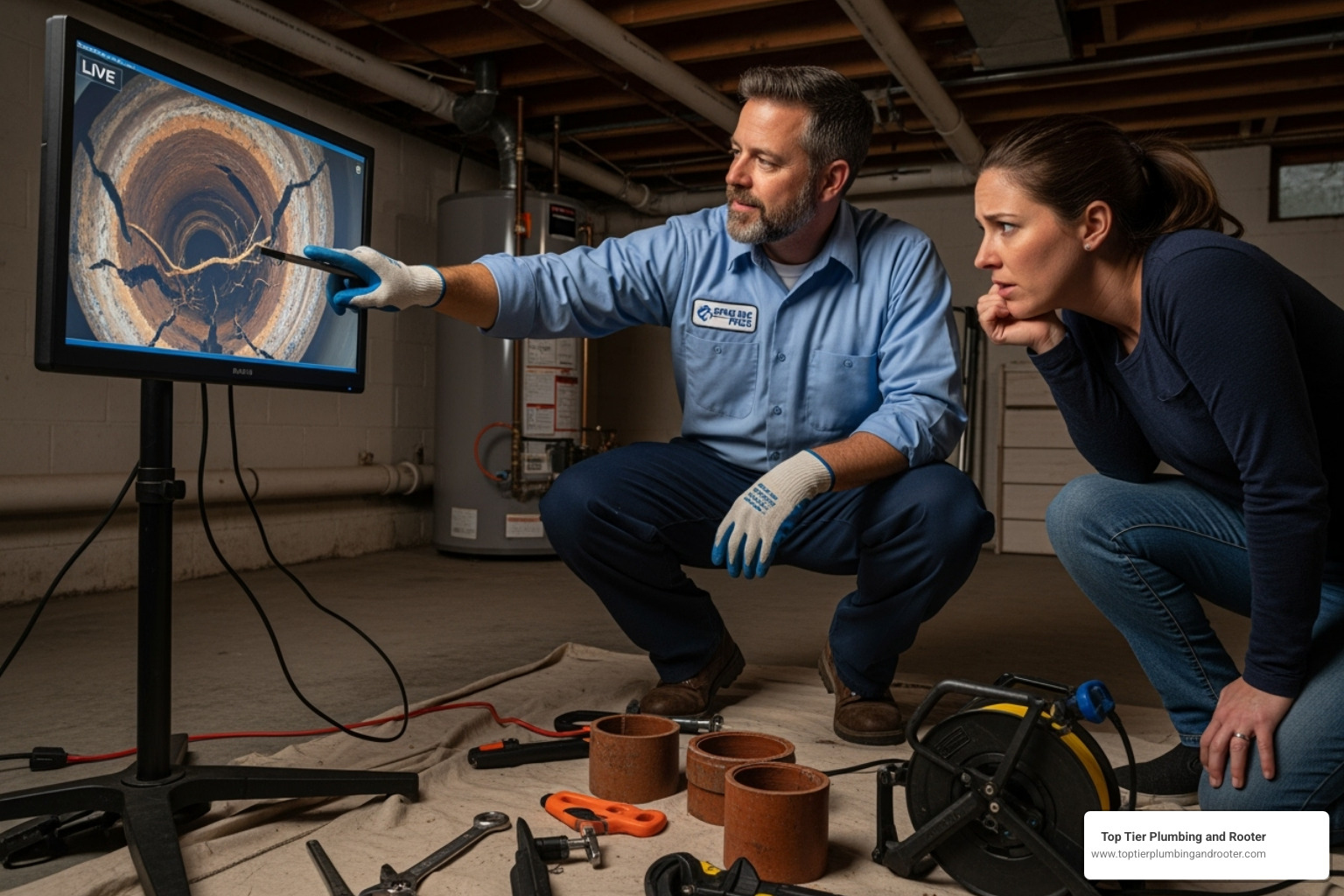 A plumber showing a homeowner footage from a sewer camera inspection, highlighting the damaged pipe section on a monitor - Sewer drain repair Riverside A plumber showing a homeowner footage from a sewer camera inspection, highlighting the damaged pipe section on a monitor - Sewer drain repair Riverside