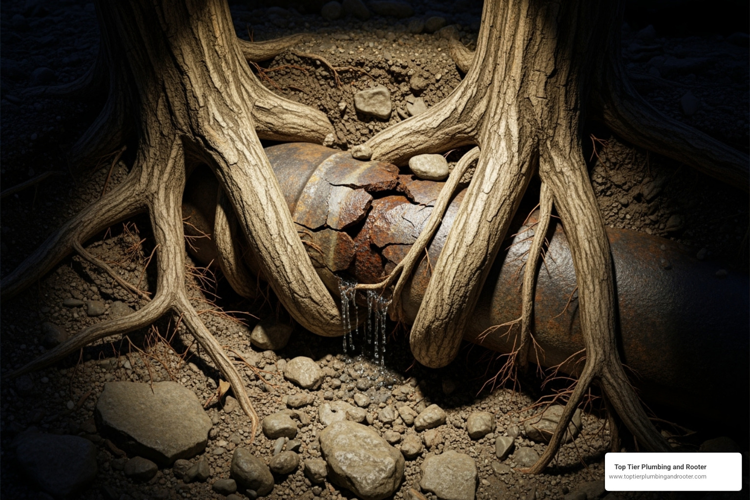 Invasive tree roots wrapped around a damaged pipe, highlighting the destructive power of nature on plumbing systems - Sewer drain repair Riverside Invasive tree roots wrapped around a damaged pipe, highlighting the destructive power of nature on plumbing systems - Sewer drain repair Riverside
