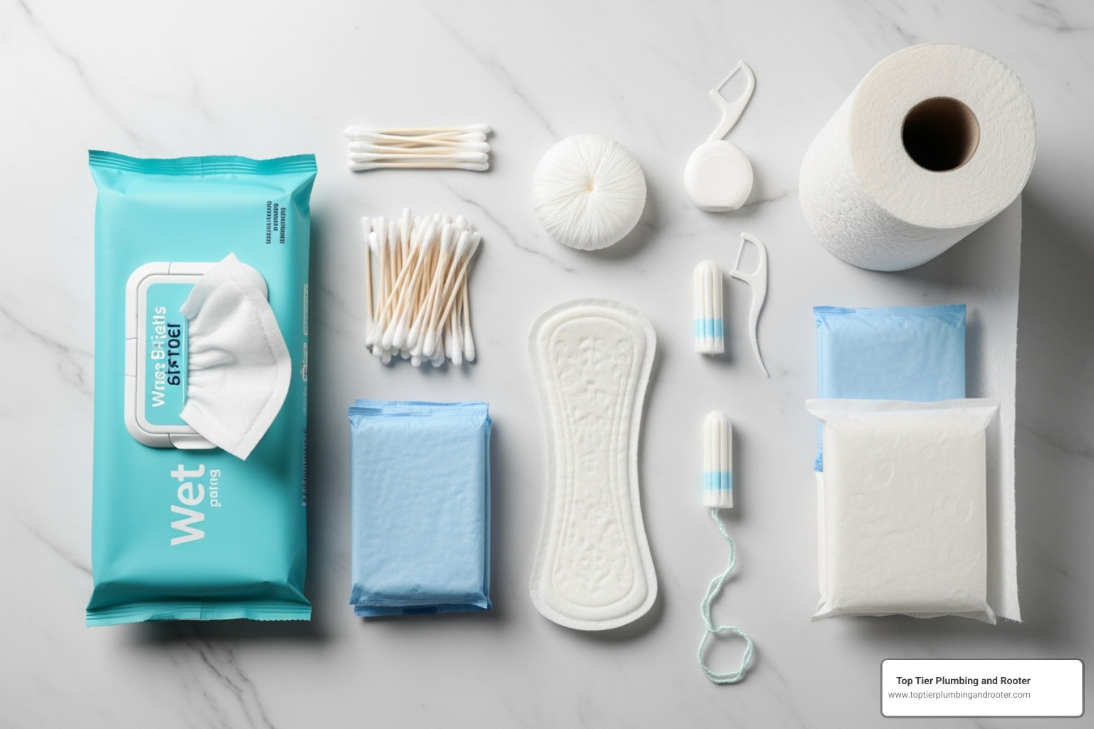 A collection of items that should not be flushed down the toilet, including wet wipes, cotton swabs, dental floss, paper towels, and feminine hygiene products - Sewer drain repair Riverside A collection of items that should not be flushed down the toilet, including wet wipes, cotton swabs, dental floss, paper towels, and feminine hygiene products - Sewer drain repair Riverside