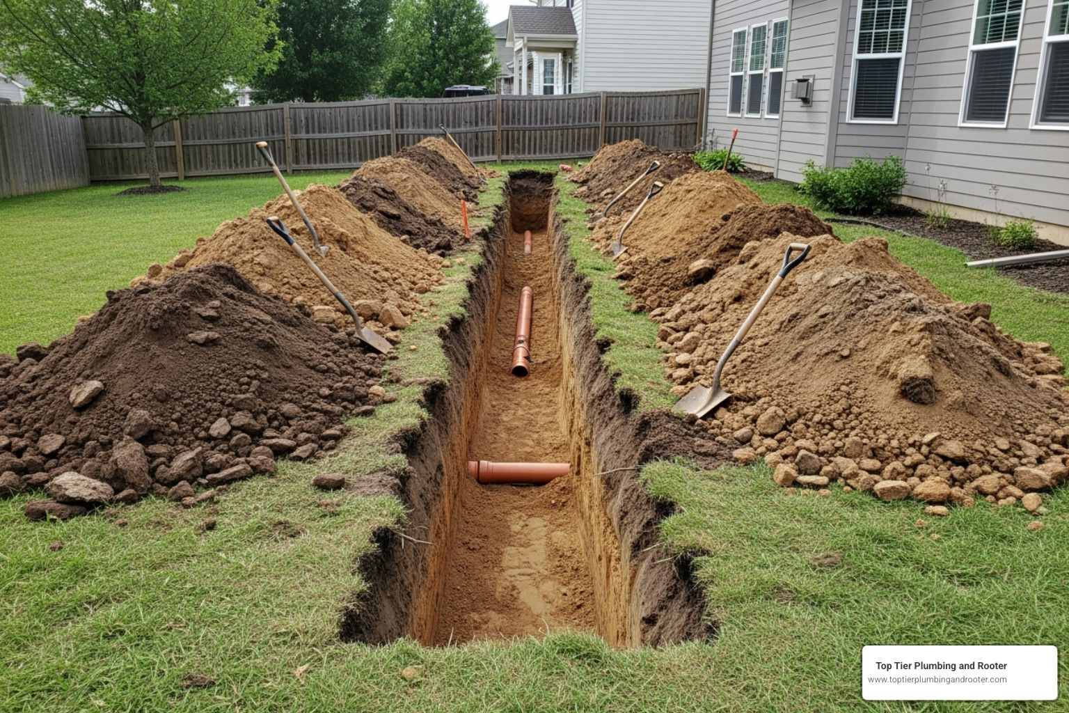 yard with a large trench dug for sewer line access - New sewer line yard with a large trench dug for sewer line access - New sewer line
