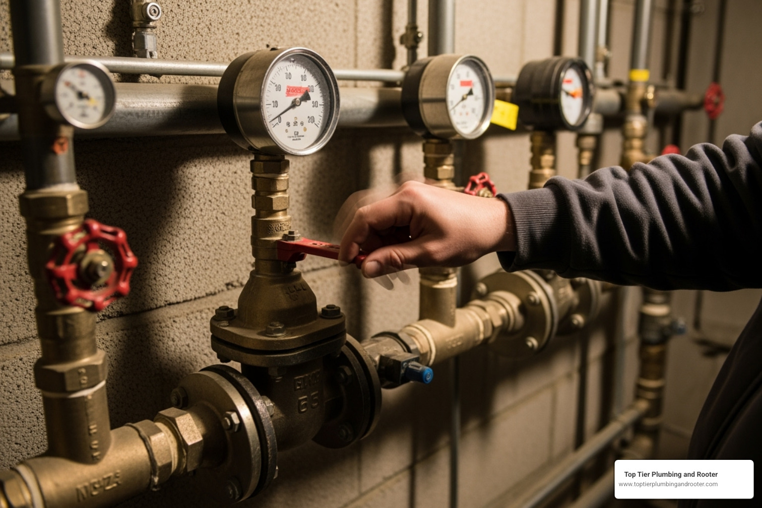 a person turning the handle on a main water shut-off valve - Riverside emergency plumbing a person turning the handle on a main water shut-off valve - Riverside emergency plumbing