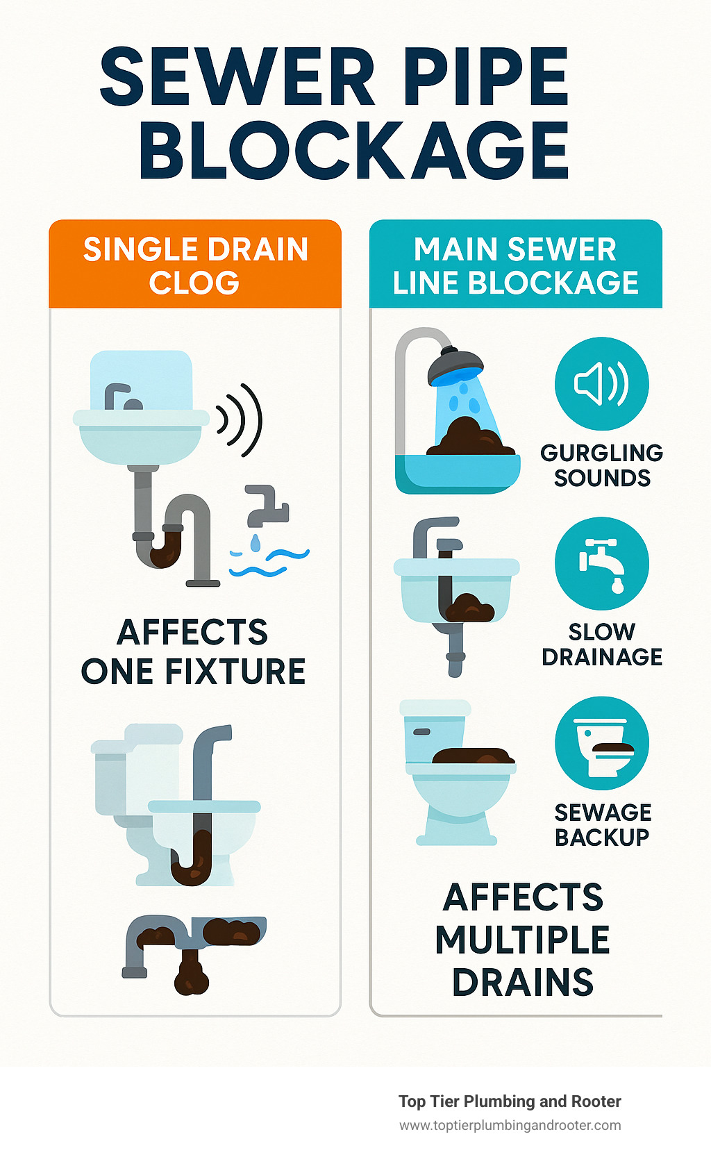 Infographic showing the difference between single drain clogs affecting one fixture versus main sewer line blockages affecting multiple drains throughout the home, with visual indicators of gurgling sounds, slow drainage, and sewage backup - Sewer pipe blockage infographic 