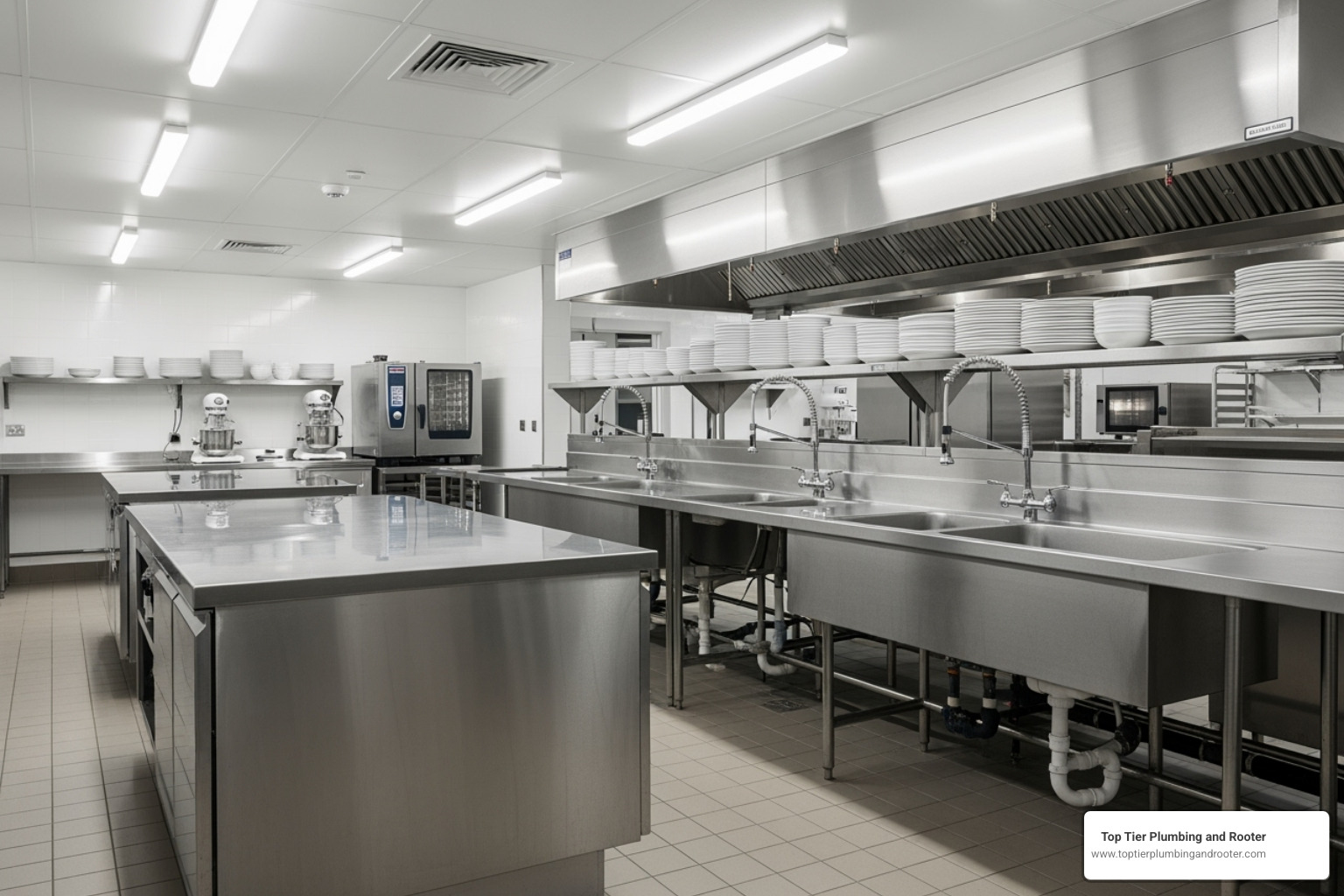 A clean commercial kitchen with stainless steel sinks - Drain cleaning Murrieta CA