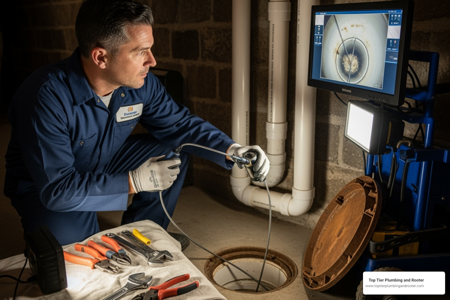 professional plumber using video inspection camera - Drainage blockage removal professional plumber using video inspection camera - Drainage blockage removal